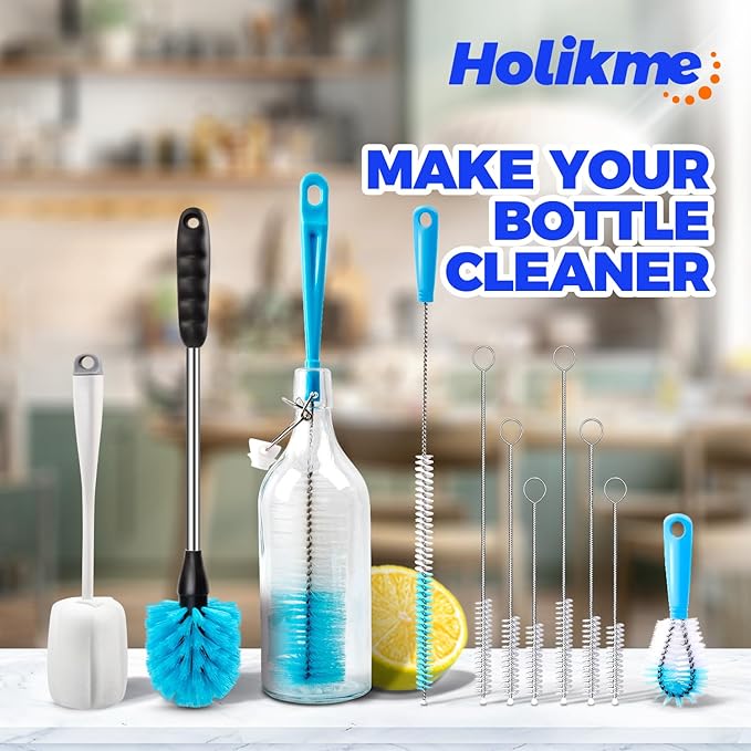 Holikme Bottle Brush Tube Cleaning Lab Set with Long Handle, Cup Cleaner for Washing Narrow Neck Beer Wine Decanter Pipes Lids Sinks Cap Covers, White Holikme