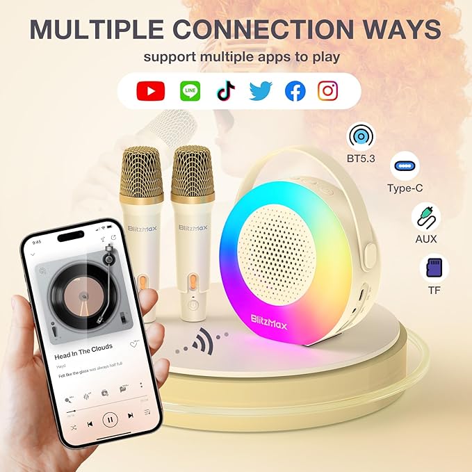 Karaoke Machine for Kids,Mini Portable Bluetooth Speaker with 2 Wireless Microphones,Karaoke Toys Gifts with Interactive Lights and Sound for Girls Boys Adults Home Party Birthday-Beige BlitzMax