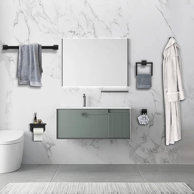 Matte Black Towel Bar Set 5-Piece Bathroom Hardware Accessories Set Includes 23.6 Inch Towel Bar,Toilet Paper Holder with Shelf,Square Towel Ring and Coat Hooks Stainless Steel Wall-Mounted DUMDER