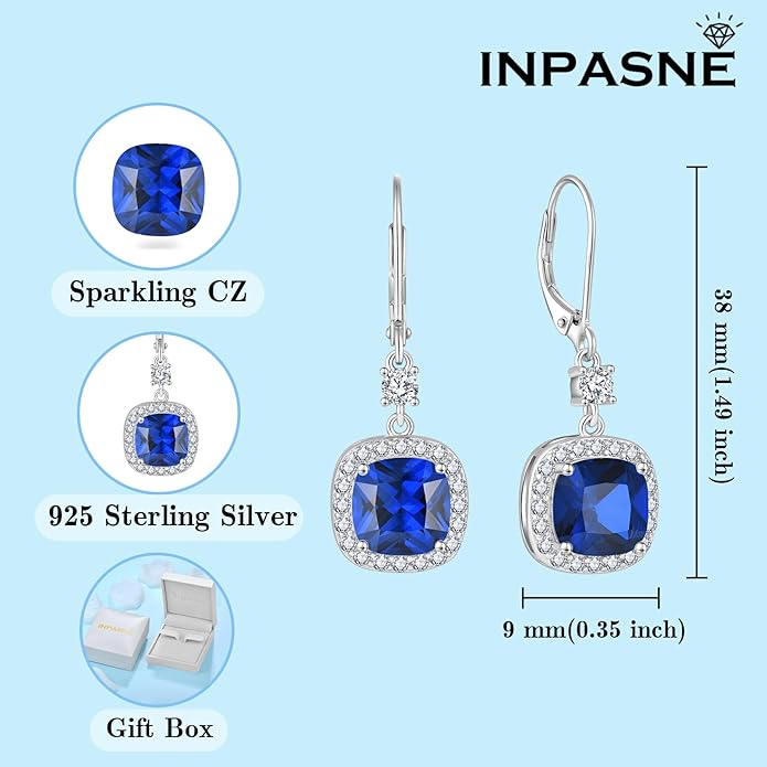 Women Leverback Earrings 925 Sterling Silver Princess Cut Halo Earrings Birthstone Dangle Drop Earrings for Women Her Mom Wife INPASNE