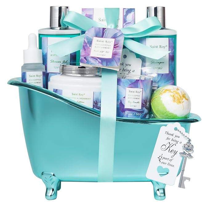 Bath and Body Basket Set Luxury EUCALYPTUS & Mint Spa Gift Basket for Women, Unique Bath Gift Baskets Gifts, Home Spa Kit Christmas Gifts for Women, birthday gift baskets for Dad Mother's Day SaintRoy