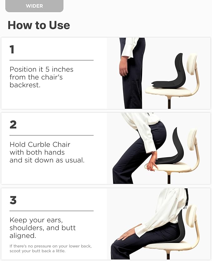 Curble Wider(Standard Wide) – Ergonomic Lower Back Support, Lumbar Support Back Posture Corrector for Low Back Pain Relief, Perfect for Home Office Desk Chair, and Floor Seat, Patented (Black) curble