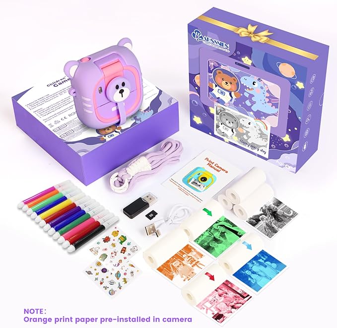 Kids Camera Instant Print, 7 Print Paper (4 Color: O/R/G/B+3 B&W), 2.4" Screen Instant Camera for Kids Ages 3-12,1080P, 180°Flip Lens,32GB Card- Christmas Birthday Present for Boys & Girls,M2 ARNSSIEN