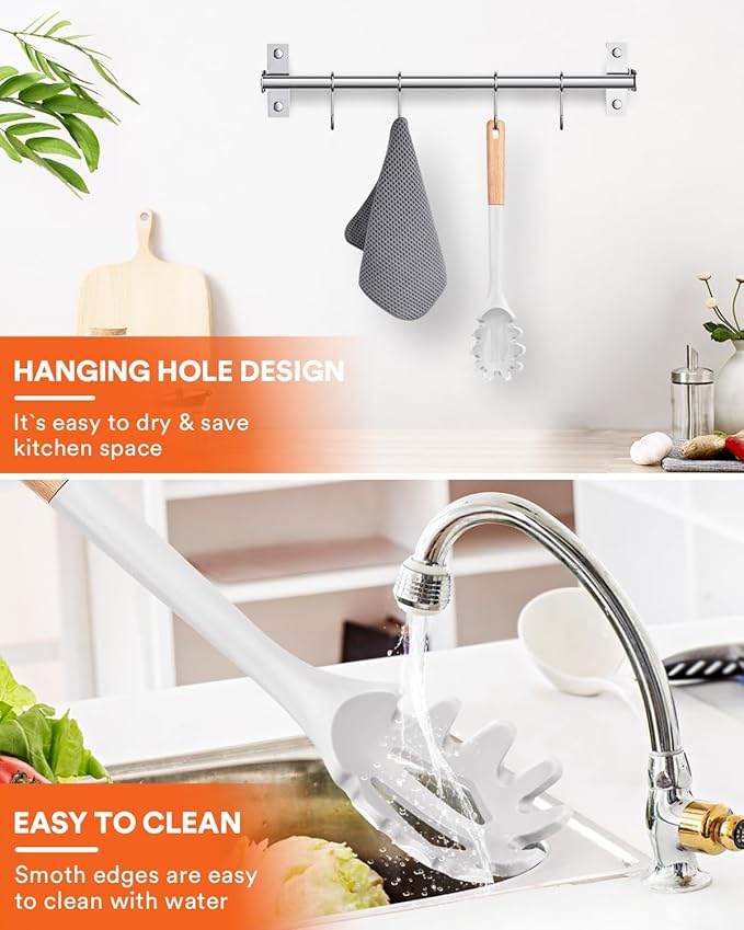 Silicone Pasta Fork, Kitchen Heat Resistant Noodle Spoon Server, BPA Free Spaghetti Strainer,12.8 inch (WHITE) BADIANO