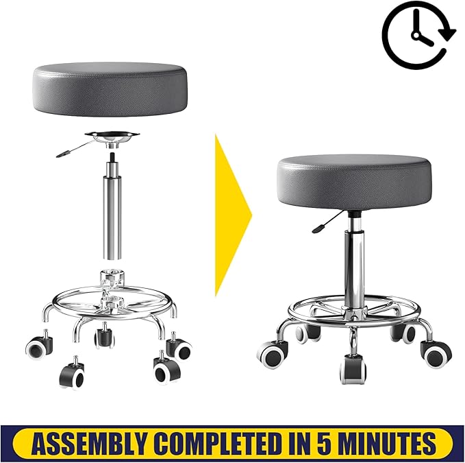 Rolling Stool, Heavy Weight Capacity 250lb, PU Leather Rolling stools, Ultra Soft Padded Seat, Rolling Stools with Wheels and Footrest, 360° Swivel, Spa Drawing Salon Work Office Tattoo Stool (Grey) YEEZEE