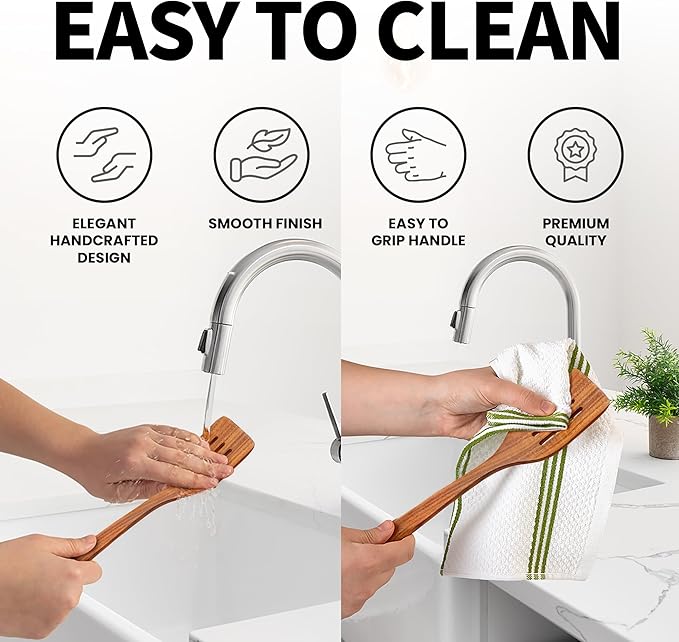 Zulay Kitchen Teak Wood Slotted Spatula – Durable & Heat-Resistant Cooking Utensil for Non-Stick Pans – Wooden Turner for Stirring, Flipping & Serving - Brown ZulayKitchen