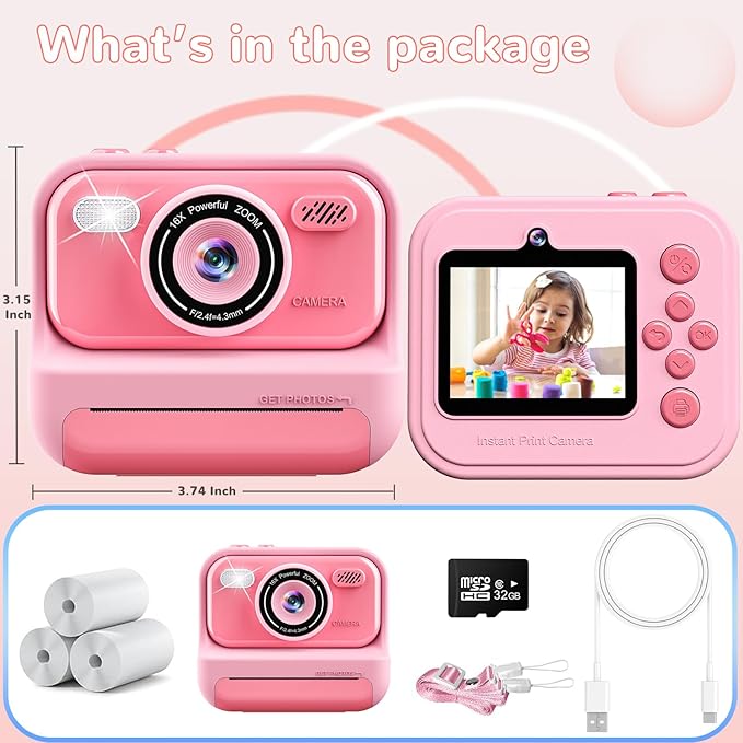 Instant Print Camera for Kids,2.4 Inch Screen Kids Digital Cameras, Christmas Birthday Gifts for Girls Age 3-12, Portable Toddler Travel Toy for 3 4 5 6 7 8 9 10 Year Old Girls Boys Eaever