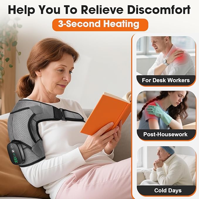 Cordless Shoulder Heating Pad, Shoulder Massager for Pain Relief Deep Tissue, Heated Shoulder Wrap with Heat and Massage for Men Women, Rotator Cuff Pain Shoulder Brace, Grey WOLOYHEATIE