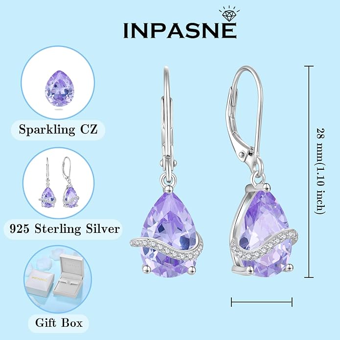 Teardrop Dangle Drop Earrings for Women 925 Sterling Silver Leverback Earrings Birthstone Jewelry Gifts for Her INPASNE