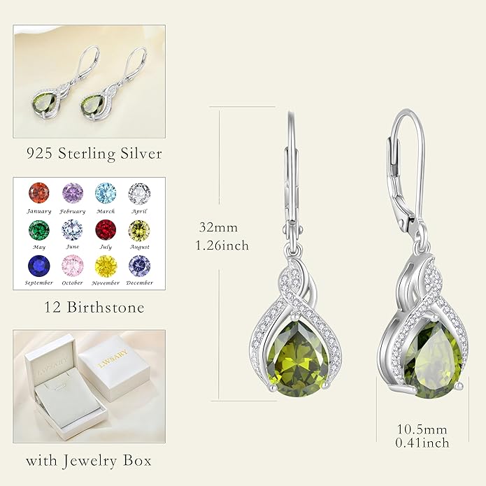 Infinity Teardrop Earrings 925 Sterling Silver Dangle Drop Leverback Earrings Pear Shaped Birthstone Jewelry Gifts for Women LWSARY