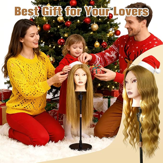 26" Mannequin Head Human Hair, MYSWEETY Cosmetology Mannequin Head with 80% Human Hair, Practice Training Doll Head with Clamp Holder and Tools (Golden) MYSWEETY