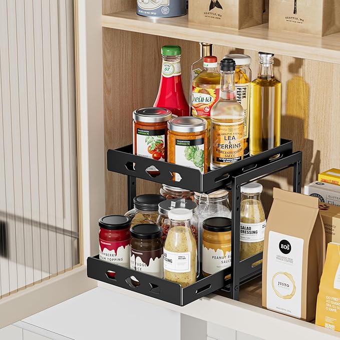 Pull Out Spice Racks for Inside Cabinets, 2-Tier Cabinet Spice Rack, Height Adjustable Spice Rack Organizer for Cabinet, Kitchen Vertical Spice Rack (9.7''Wx10.8''Dx9.2''H, Metal Black) BOIVSHI