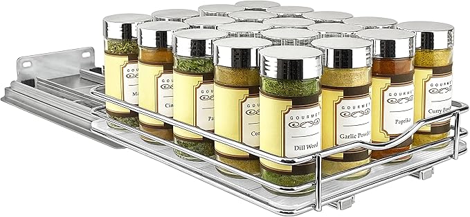 LYNK PROFESSIONAL® Pull Out Spice Rack Organizer for Inside Kitchen Cabinets - 8-3/8 inch Wide - Slide Out Drawer – Chrome Sliding Spice Cabinet Organization Shelf Racks - 1 Tier LYNKPROFESSIONAL