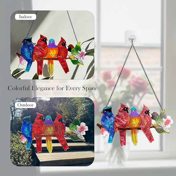 Stained Glass Window Hanging - Large Stained Glass Birds on Branch, Birds Sun Catchers Indoor Window with Chain and Hook Gifts for Bird Lover, Mom, Grandma, Stocking Stuffers for Women DASTOLL