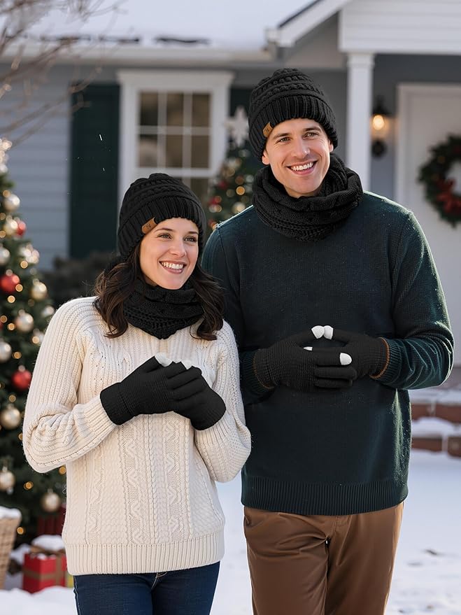 Winter Beanie Hat Scarf Gloves Set Warm Knit Fleece Touchscreen Gloves Neck Scarf Set Adult Winter Gift for Men Women KUTTOR