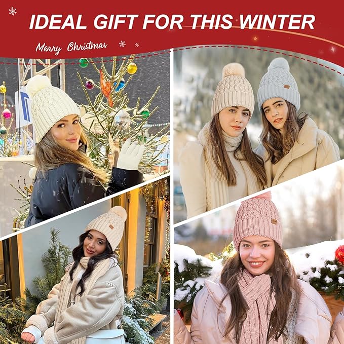 Womens Winter Warm Beanie Hat Long Neck Scarf and Touchscreen Gloves Set with Fleece Lined Pom Skull Caps for Women Harcent