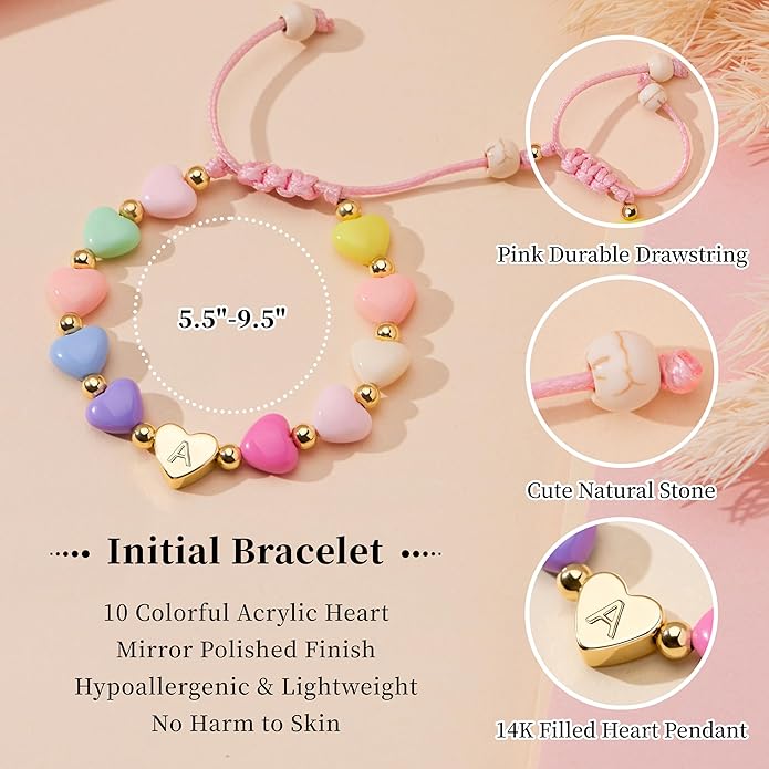 WomenGifts Initial Heart Bracelets for Girls Women – Christmas Stocking Stuffers Cute Little Girls Letter A-Z Charm Bracelet, Personalized Happy 3-18 Year Old Birthday Gift for Sisters, Toddler, Teens & Her Kick Boosters