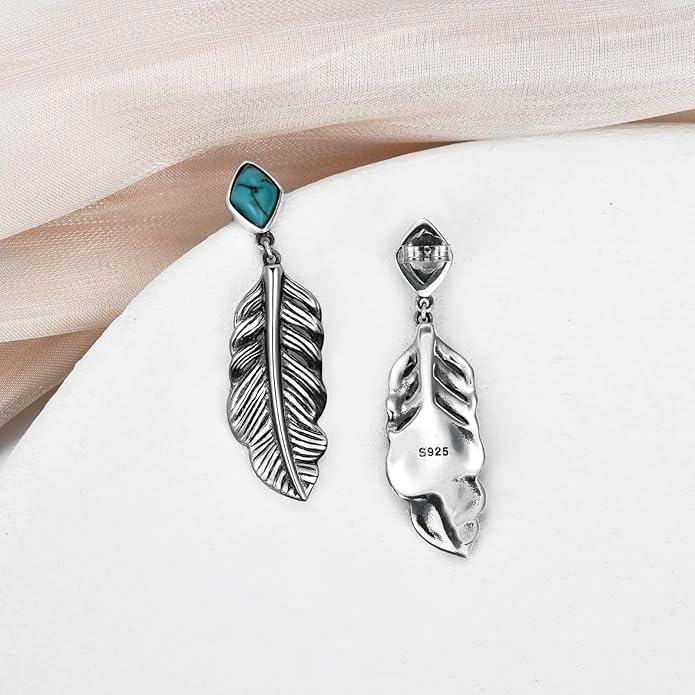 Genuine Turquoise Leaf Earrings, Sterling Silver Dangle Drop Vintage Boho Feather Earrings Birthday Gift for Women DOLIOX
