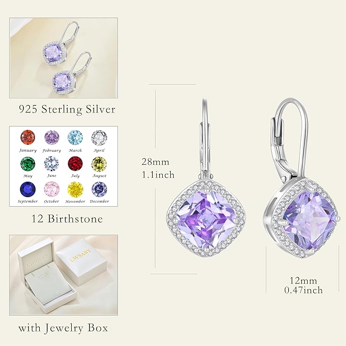 Square Princess Cut Dangle Drop Earrings 925 Sterling Silver Halo Solitaire Leverback Earrings Birthstone Jewelry for Women LWSARY