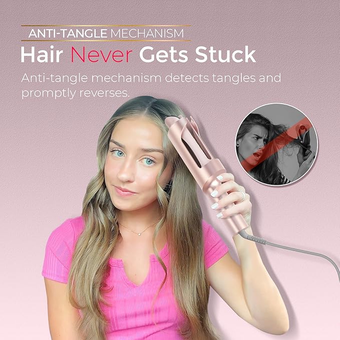 Upgraded Automatic Rotating Curling Iron - TYMO CurlPro Plus Long Barrel Curling Wand for Long Hair, Ceramic Hair Curler for Women, Anti-Scald, 600M Ionic, Dual Voltage, Gold Blush, 1 1/4 Inch TYMOFashionTech