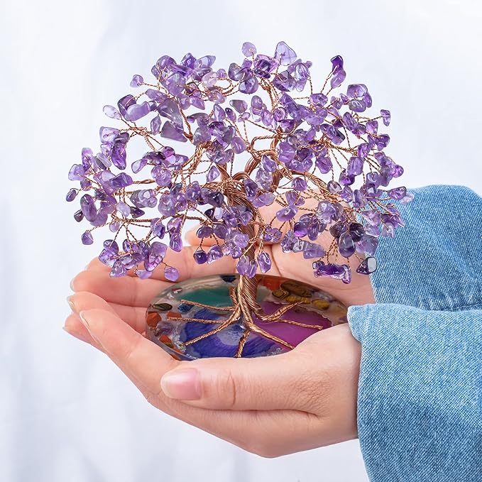 ZenBless 7 Chakra Healing Crystal Stones Tree, Amethyst Leaf Wire Wrapped on Natural Agate Slice Base, Home Office Desk Living Room Feng Shui Decoration for Wealth and Luck ZenBless
