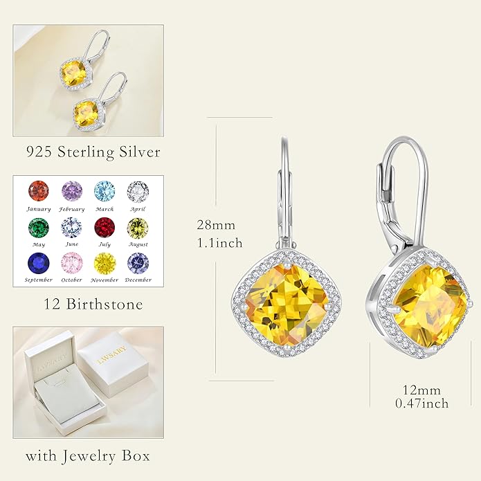 Square Princess Cut Dangle Drop Earrings 925 Sterling Silver Halo Solitaire Leverback Earrings Birthstone Jewelry for Women LWSARY