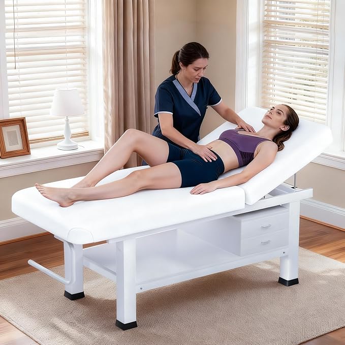 Stationary Massage Table with Memory Foam, Massage TattooTable with Adjustable Height, Facial Bed for Esthetician, PU Leather for Physical Therapy & Spa (Wood & Metal/Wh, 76''L x 30''W) Kick Boosters