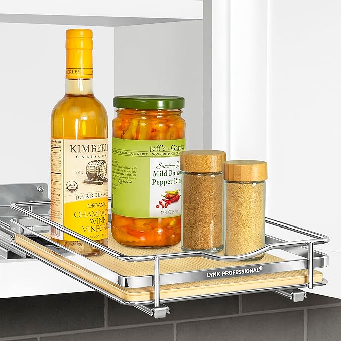 LYNK PROFESSIONAL® Élite™ Pull Out Spice Rack Organizer for Inside Kitchen Cabinets - 8-3/8 inch Wide - Slide Out Drawer – Wood/Chrome Sliding Spice Cabinet Organization Shelf Racks - 1 Tier LYNKPROFESSIONAL