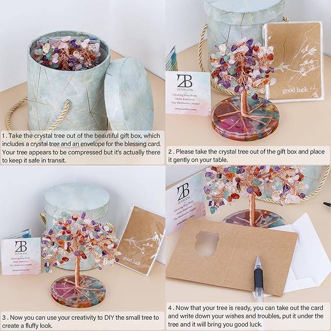 ZenBless 7 Chakra Healing Crystals Stones Tree, Colorful Crystal Stone Leaf Wire Wrapped on Natural Agate Slice Base, Home Office Desk Living Room Feng Shui Decoration for Wealth and Luck ZenBless