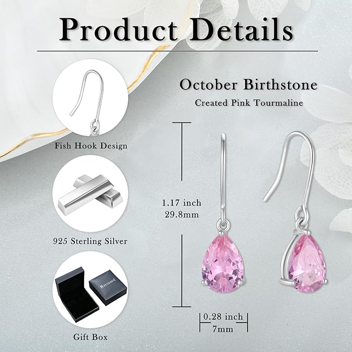 925 Sterling Silver 7x10MM Teardrop Birthstone Earrings, Solitaire Dangle Fish Hook Earrings for Women, Prom Jewelry Gifts RaymardJewelry