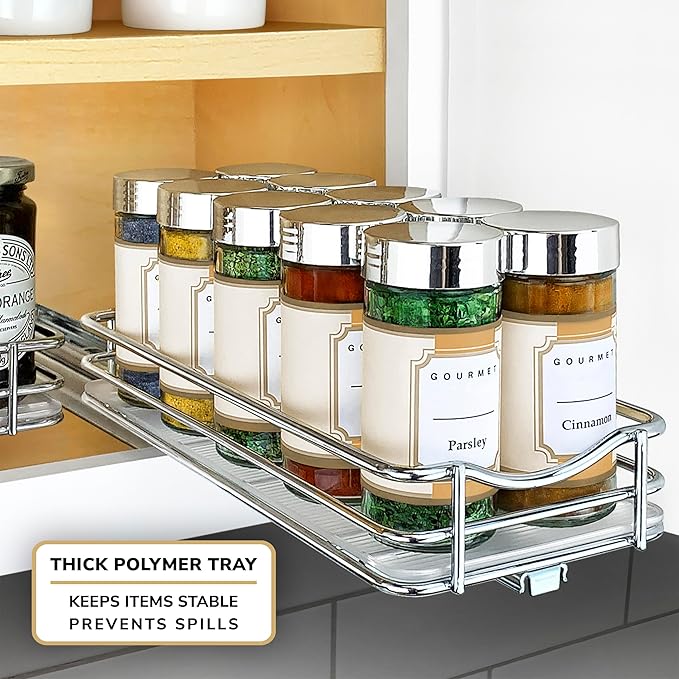 LYNK PROFESSIONAL® Pull Out Spice Rack Organizer for Inside Kitchen Cabinets - 4-3/8 inch Wide - Slide Out Drawer – Chrome Sliding Spice Cabinet Organization Shelf Racks - 1 Tier LYNKPROFESSIONAL