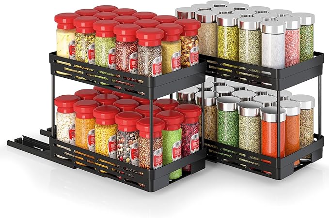 Pull Out Spice Rack Organizer for Cabinet, 2 Pack Widen Slide Out Spice Racks Organizer, Spice Cabinet Organizers, Cabinet Size Need:12'' Highx11'' Deepx6.75'' Wide,Hold 15 Spice Jar Each Tier-2Tier DABIGE