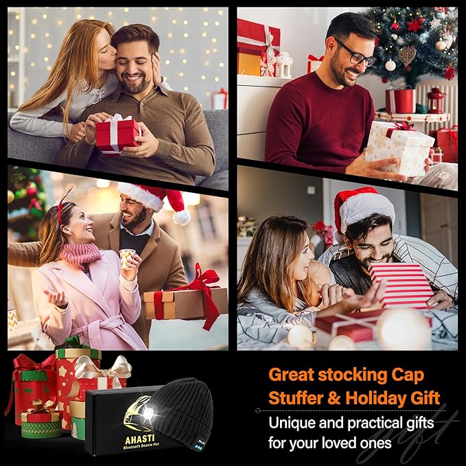 2 Pack Bluetooth Beanie Hat with Light for Men, Rechargeable LED Beanie with Light, Headlamp Cap Wireless Headphones, Christmas Gifts for Teens Stocking Stuffers for Men Dad(Black&Navy) AHASTI