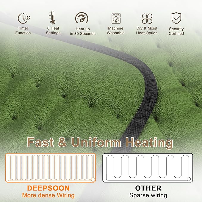 Deepsoon Heating Pad,Electric Heating Pads for Back,Neck,Abdomen,Moist Heating Pad for Shoulder,Knee,Arms,Legs,Dry/Moist Heat & Auto Shut Off,Birthday Gifts for Men and Women,Green Black,24x20 Inch Deepsoon