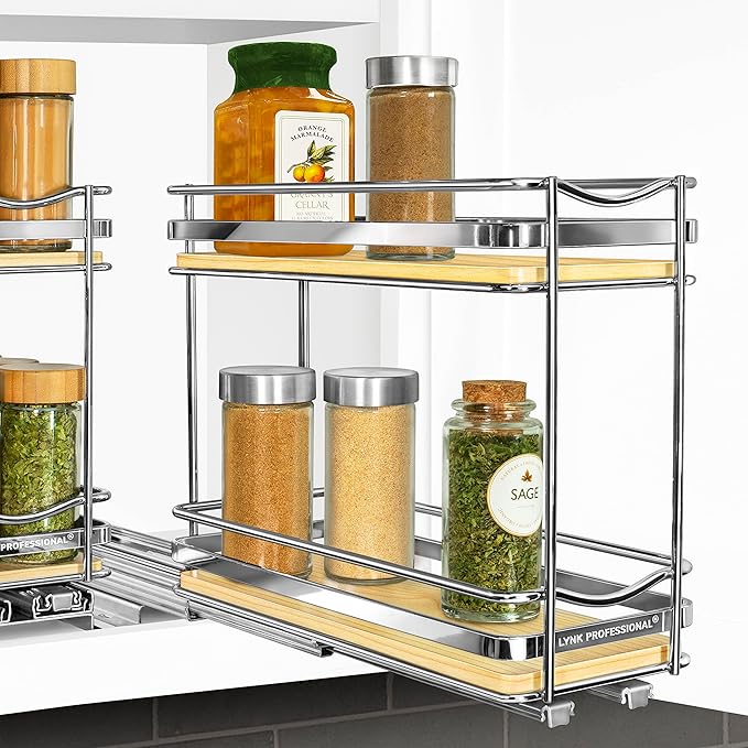 LYNK PROFESSIONAL® Élite™ Pull Out Spice Rack Organizer for Inside Kitchen Cabinets - 4-3/8 inch Wide - Slide Out Drawer – Wood/Chrome Sliding Spice Cabinet Organization Shelf Racks - 2 Tier LYNKPROFESSIONAL