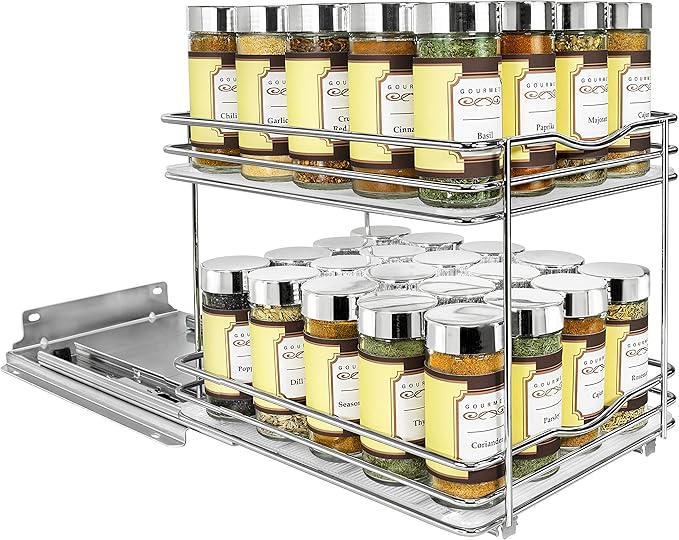 LYNK PROFESSIONAL® Pull Out Spice Rack Organizer for Inside Kitchen Cabinets - 8-3/8 inch Wide - Slide Out Drawer – Chrome Sliding Spice Cabinet Organization Shelf Racks - 2 Tier LYNKPROFESSIONAL