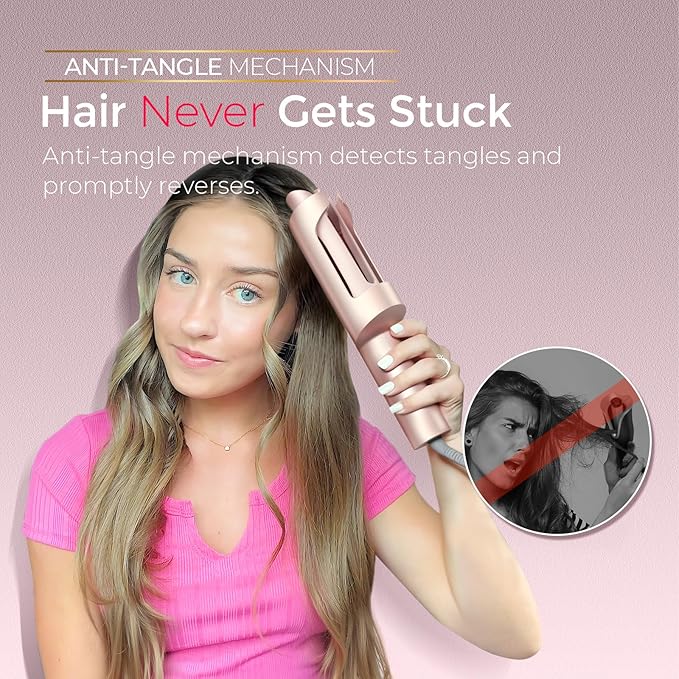 Upgraded Automatic Rotating Curling Iron - TYMO CurlPro Plus Long Barrel Curling Wand for Long Hair, Ceramic Hair Curler for Women, Anti-Scald, Tangle-Free, 600M Ionic, Dual Voltage,Gold Blush, 1 Inch TYMOFashionTech