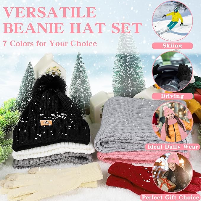LOROME Women Winter Beanie Hat Scarf Gloves Set, Fleece Knitted Pompom Hat Warm Neck Scarf Touchscreen Gloves Winter Gift LOROME