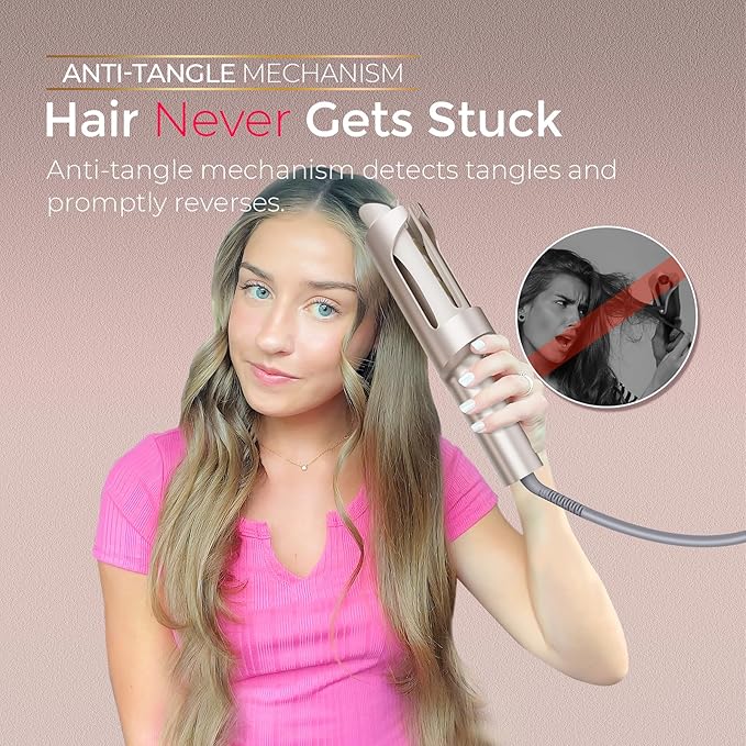 Upgraded Automatic Rotating Curling Iron - TYMO CurlPro Plus Long Barrel Curling Wand for Long Hair, Ceramic Hair Curler for Women, Anti-Scald, Tangle-Free, 600M Ionic, Dual Voltage, Gold, 1 1/4 Inch TYMOFashionTech