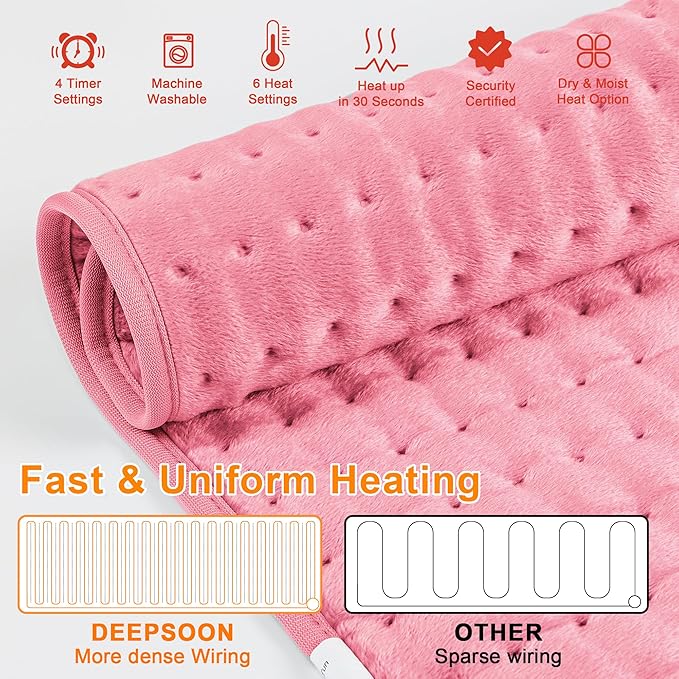 Deepsoon Heating Pad,Electric Heating Pads for Back,Neck,Abdomen,Moist Heating Pad for Shoulder,Knee,Arms,Legs,Dry/Moist Heat & Auto Shut Off,Birthday Gifts for Men and Women,BabyPink,24x12 Inch Deepsoon