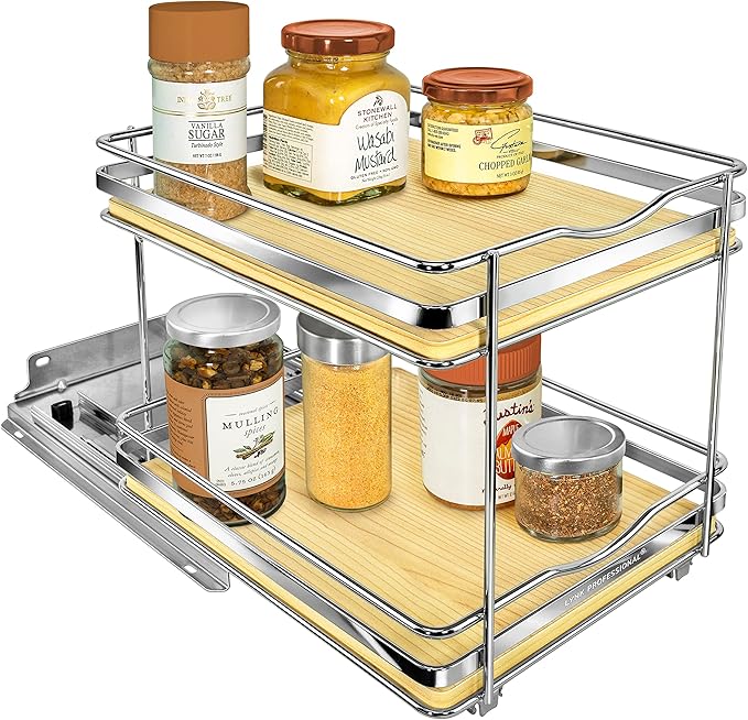 LYNK PROFESSIONAL® Élite™ Pull Out Spice Rack Organizer for Inside Kitchen Cabinets - 8-3/8 inch Wide - Slide Out Drawer – Wood/Chrome Sliding Spice Cabinet Organization Shelf Racks - 2 Tier LYNKPROFESSIONAL