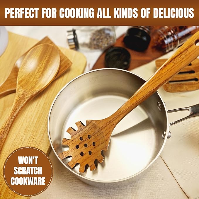 Wooden Spoons for Cooking Utensils, Natural Teak Wooden Cooking Spoons with Nonstick Spatula Set, Bamboo Kitchen Utensils With Holder, Wood Spoon Set for Kitchen Essentials (6) Renexas
