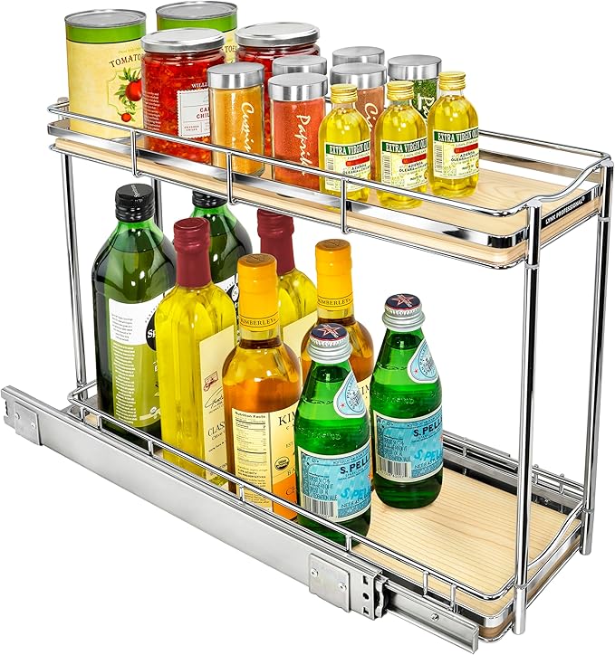 LYNK PROFESSIONAL® Élite™ Pull Out Spice Rack Organizer for Inside Kitchen Cabinets - 6"x21" - Slide Out Drawer – Wood/Chrome Sliding Spice Cabinet Organization Shelf Racks - 2 Tier LYNKPROFESSIONAL