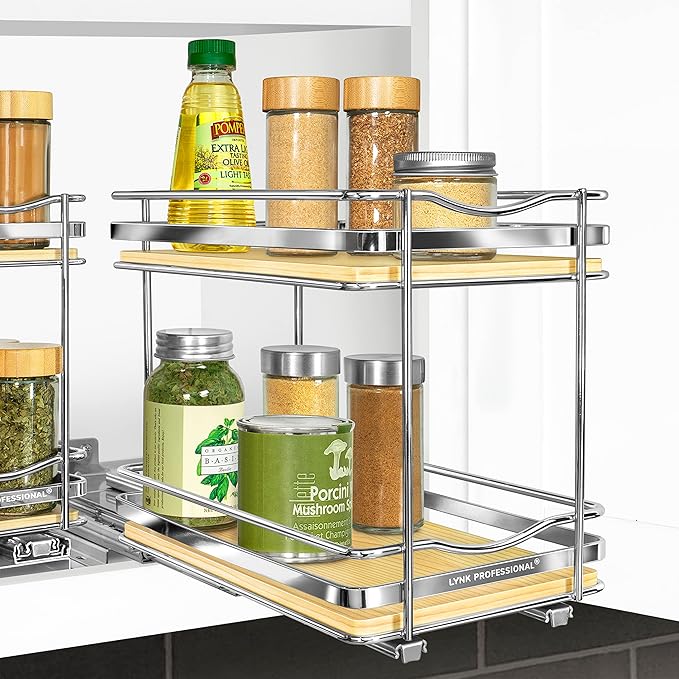 LYNK PROFESSIONAL® Élite™ Pull Out Spice Rack Organizer for Inside Kitchen Cabinets - 6-3/8 inch Wide - Slide Out Drawer – Wood/Chrome Sliding Spice Cabinet Organization Shelf Racks - 2 Tier LYNKPROFESSIONAL
