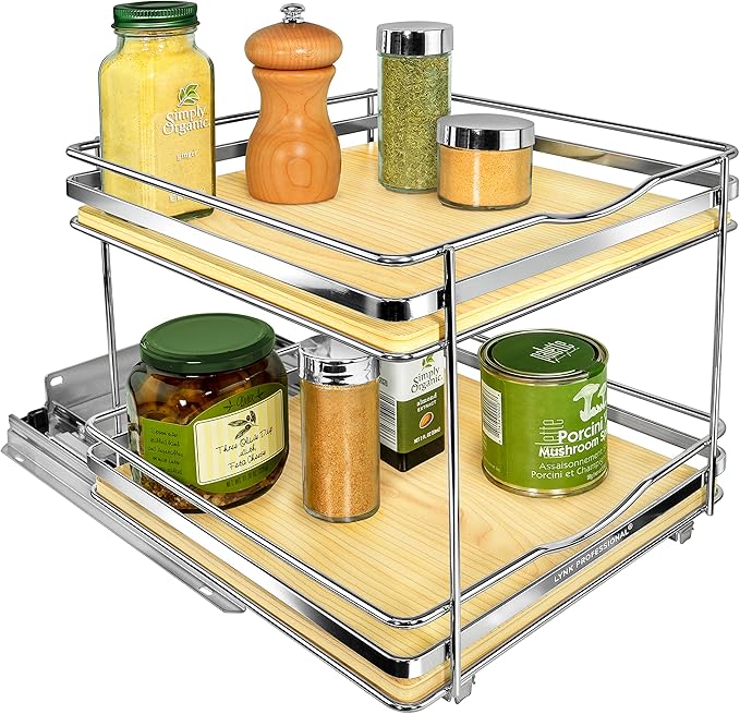LYNK PROFESSIONAL® Élite™ Pull Out Spice Rack Organizer for Inside Kitchen Cabinets - 10-3/8 inch Wide - Slide Out Drawer – Wood/Chrome Sliding Spice Cabinet Organization Shelf Racks - 2 Tier LYNKPROFESSIONAL