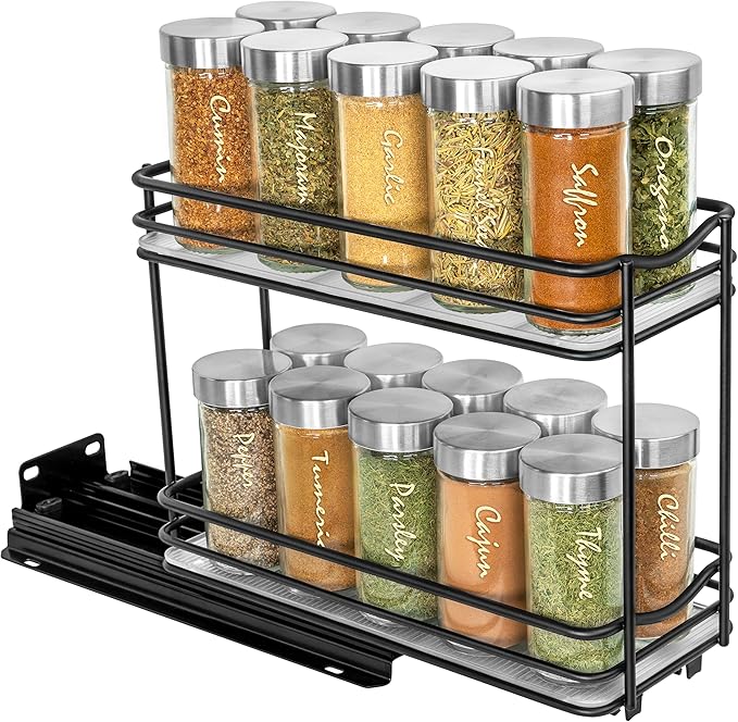 LYNK PROFESSIONAL® Pull Out Spice Rack Organizer for Inside Kitchen Cabinets - 4-3/8 inch Wide - Slide Out Drawer – Black Sliding Spice Cabinet Organization Shelf Racks - 2 Tier LYNKPROFESSIONAL