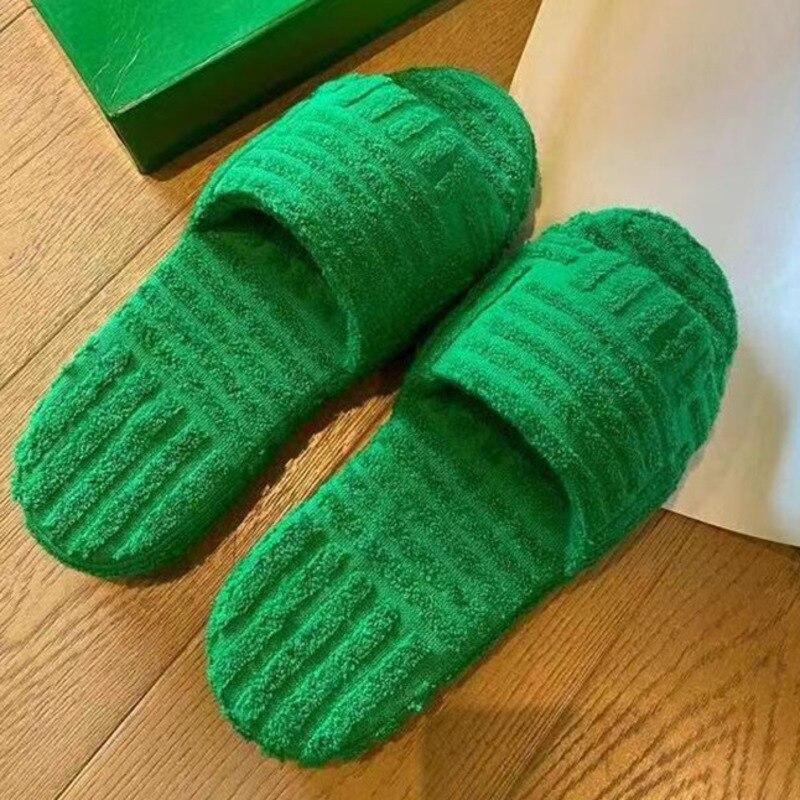 Green Luxury Peep Toe Thick Sole Women Slippers Corduroy Flat Slides Coffee Jasper