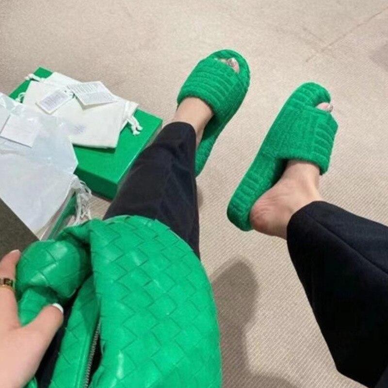 Green Luxury Peep Toe Thick Sole Women Slippers Corduroy Flat Slides Coffee Jasper