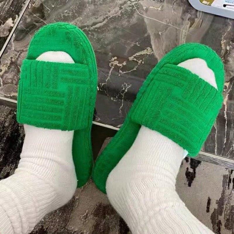 Green Luxury Peep Toe Thick Sole Women Slippers Corduroy Flat Slides Coffee Jasper