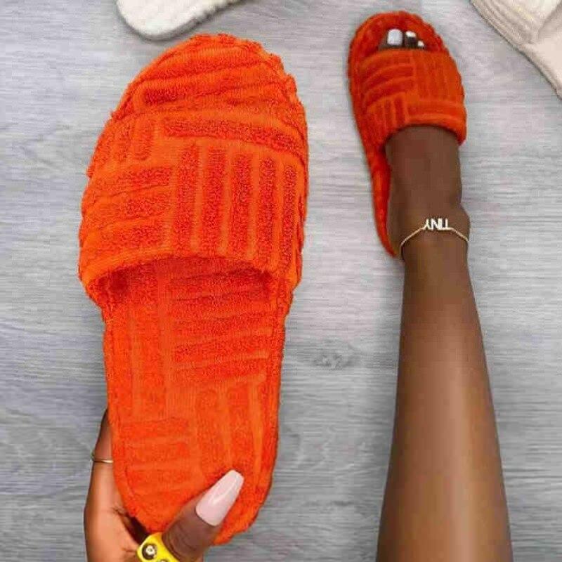 2021 Flat Furry Slippers Thick Sole Open Toe Women Slides Coffee Jasper